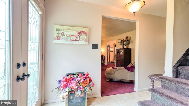 32 Lakeshore Dr, Hammonton, NJ 08037 - carpeted entryway featuring stairway and tile patterned floors