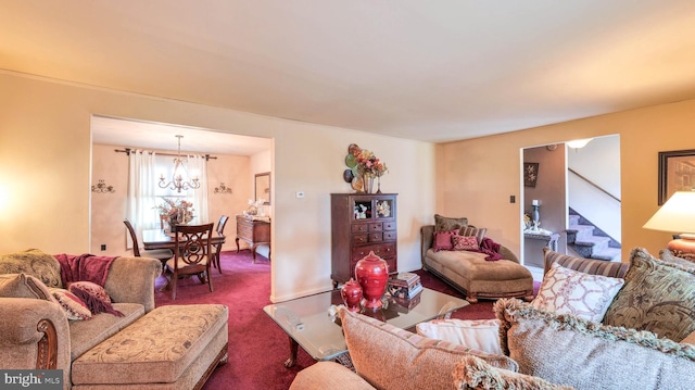 32 Lakeshore Dr, Hammonton, NJ 08037 - living room with stairway, carpet, and a chandelier