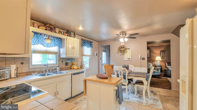 32 Lakeshore Dr, Hammonton, NJ 08037 - kitchen featuring dishwasher, tile countertops, backsplash, ceiling fan, and light tile patterned floors