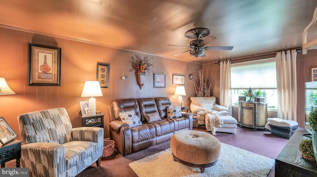 32 Lakeshore Dr, Hammonton, NJ 08037 - living area featuring carpet flooring, a ceiling fan, and crown molding