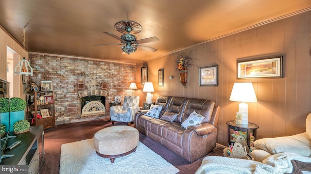 32 Lakeshore Dr, Hammonton, NJ 08037 - living room with a ceiling fan, carpet flooring, a fireplace, and ornamental molding