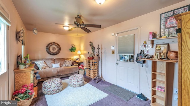 32 Lakeshore Dr, Hammonton, NJ 08037 - carpeted living area with a ceiling fan