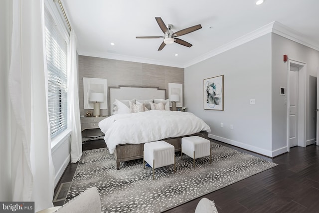 43561 Michigan Sq, Leesburg, VA 20176 - bedroom featuring multiple windows, recessed lighting, crown molding, wood finished floors, and a ceiling fan