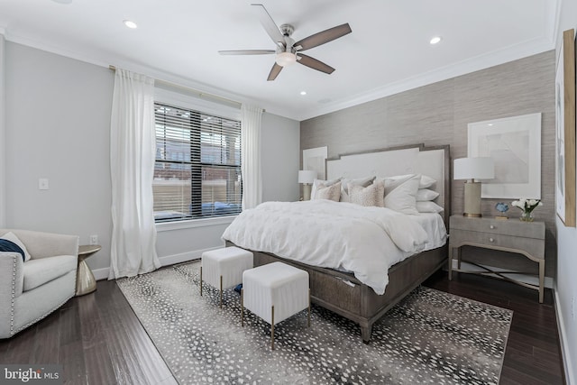 43561 Michigan Sq, Leesburg, VA 20176 - bedroom with crown molding, wood finished floors, recessed lighting, and ceiling fan