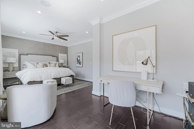 43561 Michigan Sq, Leesburg, VA 20176 - bedroom with ornamental molding, dark wood finished floors, recessed lighting, and ceiling fan