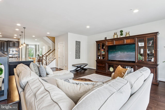 221 Patriots Path, Malvern, PA 19355 - living room with stairway, dark wood finished floors, and recessed lighting