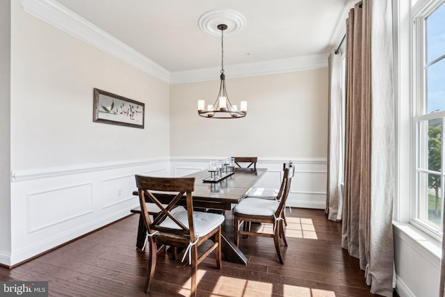 221 Patriots Path, Malvern, PA 19355 - dining room featuring a chandelier, ornamental molding, dark wood-type flooring, and a wainscoted wall