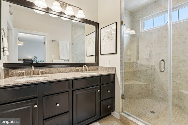221 Patriots Path, Malvern, PA 19355 - bathroom with a shower stall, double vanity, and tile patterned floors