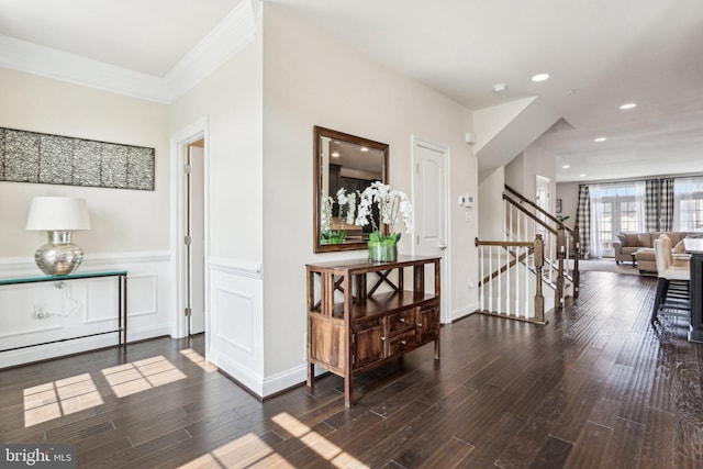 221 Patriots Path, Malvern, PA 19355 - hallway featuring stairway, wood finished floors, recessed lighting, and wainscoting
