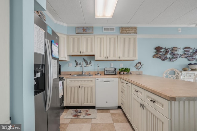 427 14th St Unit 10203, Ocean City, MD 21842 - kitchen featuring white dishwasher, stainless steel refrigerator with ice dispenser, a peninsula, light countertops, and ornamental molding