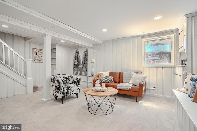 4316 Shamrock Ave, Baltimore, MD 21206 - living area with light carpet, stairway, and recessed lighting