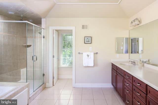 211 Twinings Ln, Wayne, PA 19087 - bathroom featuring vanity, a stall shower, lofted ceiling, a garden tub, and tile patterned floors
