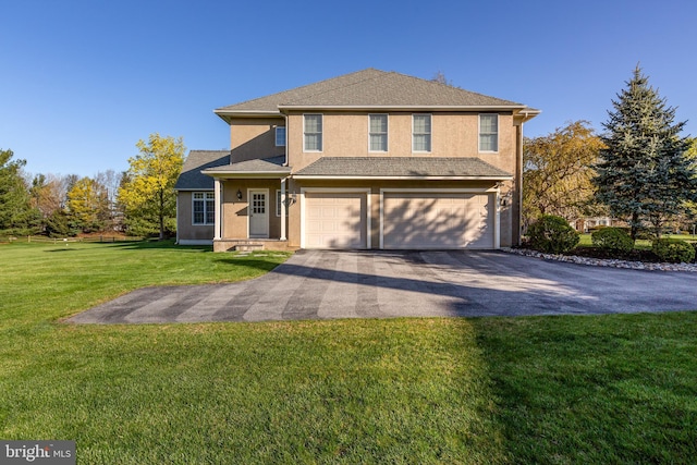 211 Twinings Ln, Wayne, PA 19087 - view of front facade with asphalt driveway, an attached garage, stucco siding, and a front yard