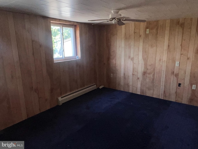 733 Saint Paul Rd, Meyersdale, PA 15552 - spare room with baseboard heating, wooden walls, dark colored carpet, and a ceiling fan