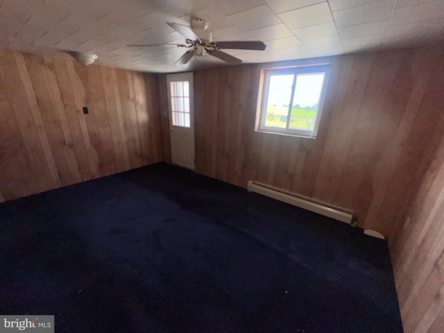 733 Saint Paul Rd, Meyersdale, PA 15552 - unfurnished room with baseboard heating, wood walls, plenty of natural light, carpet floors, and a ceiling fan