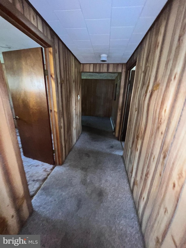 733 Saint Paul Rd, Meyersdale, PA 15552 - corridor with wooden walls, carpet flooring, and a paneled ceiling