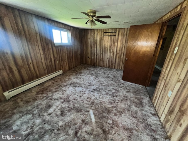 733 Saint Paul Rd, Meyersdale, PA 15552 - carpeted empty room featuring baseboard heating, wooden walls, and a ceiling fan