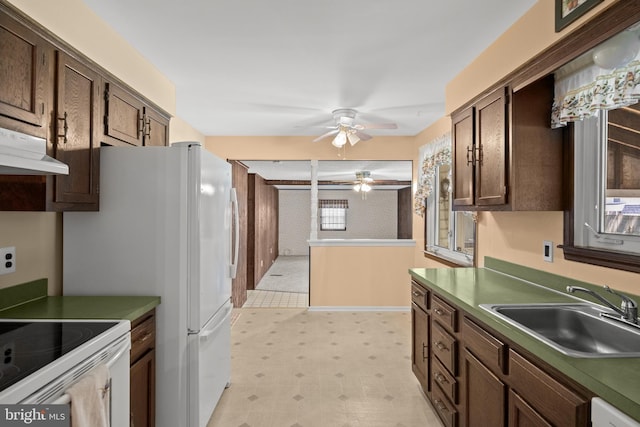 269 Burning Tree Rd, Delran, NJ 08075 - kitchen with ceiling fan, light floors, under cabinet range hood, white appliances, and dark brown cabinetry