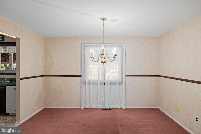 269 Burning Tree Rd, Delran, NJ 08075 - unfurnished dining area with a chandelier, plenty of natural light, carpet, and wallpapered walls
