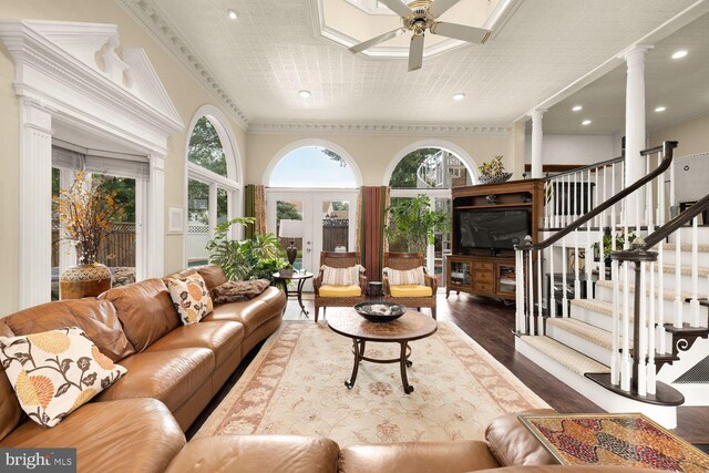 8327 Fran Ct, Lorton, VA 22079 - living room featuring decorative columns, a ceiling fan, wood finished floors, recessed lighting, and stairs