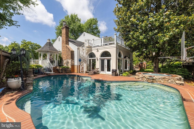 8327 Fran Ct, Lorton, VA 22079 - swimming pool featuring a gazebo, an in-ground hot tub, french doors, and stairs