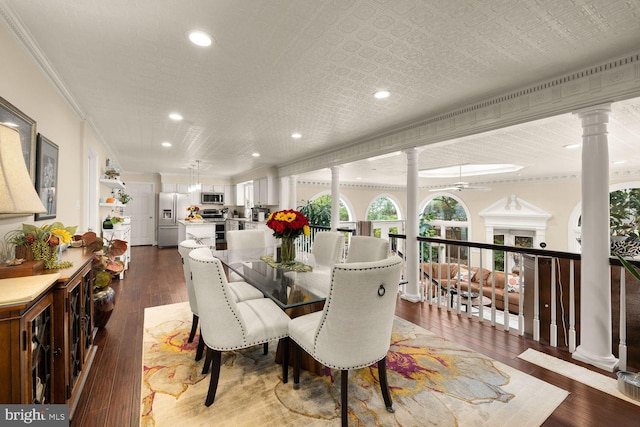 8327 Fran Ct, Lorton, VA 22079 - dining area with ornamental molding, ornate columns, hardwood / wood-style floors, recessed lighting, and ceiling fan