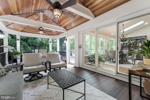 12801 Owlsley Way, Herndon, VA 20171 - sunroom featuring wooden ceiling, ceiling fan, hardwood / wood-style flooring, outdoor lounge area, and a chandelier