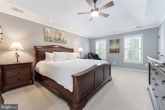 12801 Owlsley Way, Herndon, VA 20171 - bedroom with crown molding, a raised ceiling, light carpet, and ceiling fan
