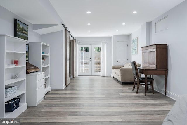 12801 Owlsley Way, Herndon, VA 20171 - office with recessed lighting, light wood-type flooring, a barn door, and french doors