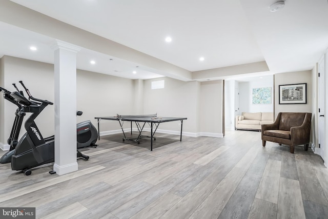 12801 Owlsley Way, Herndon, VA 20171 - rec room with wood finished floors, recessed lighting, decorative columns, and healthy amount of natural light