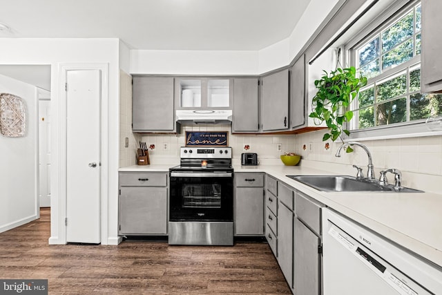 20 Woodvale Dr, Atco, NJ 08004 - kitchen with stainless steel range with electric cooktop, dishwasher, gray cabinets, under cabinet range hood, and backsplash