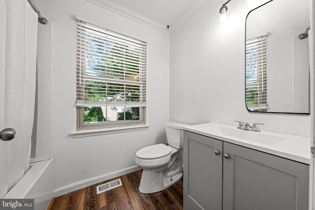 20 Woodvale Dr, Atco, NJ 08004 - full bathroom with ornamental molding, wood finished floors, vanity, and shower / bath combination with curtain