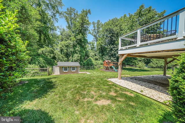 1930 Foxhall Rd, Mclean, VA 22101 - fenced backyard featuring a playground, a shed, and a wooden deck