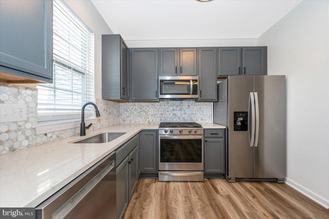 1806 Wheyfield Dr, Frederick, MD 21701 - kitchen with stainless steel appliances, light wood-type flooring, tasteful backsplash, and gray cabinets