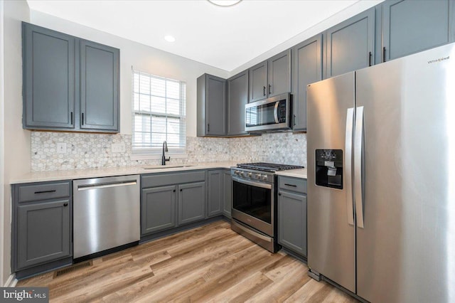1806 Wheyfield Dr, Frederick, MD 21701 - kitchen featuring appliances with stainless steel finishes, gray cabinets, light countertops, backsplash, and light wood finished floors