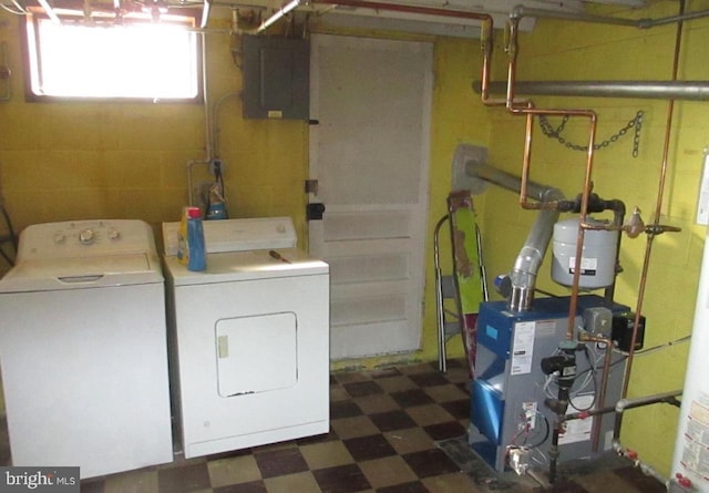 3642 Clarenell Rd, Baltimore, MD 21229 - washroom with independent washer and dryer, tile patterned floors, electric panel, and a heating unit