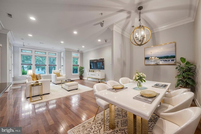 1817 6th St NW Unit A, Washington, DC 20001 - dining area featuring crown molding, a chandelier, wood-type flooring, and recessed lighting