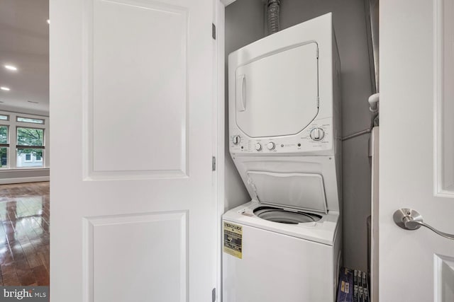 1817 6th St NW Unit A, Washington, DC 20001 - laundry room featuring stacked washer and clothes dryer, recessed lighting, and wood finished floors