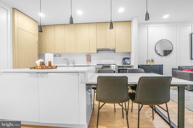 1309 SE E St SE Unit 27, Washington, DC 20003 - kitchen with stainless steel electric stove, light countertops, under cabinet range hood, light wood-style flooring, and modern cabinets