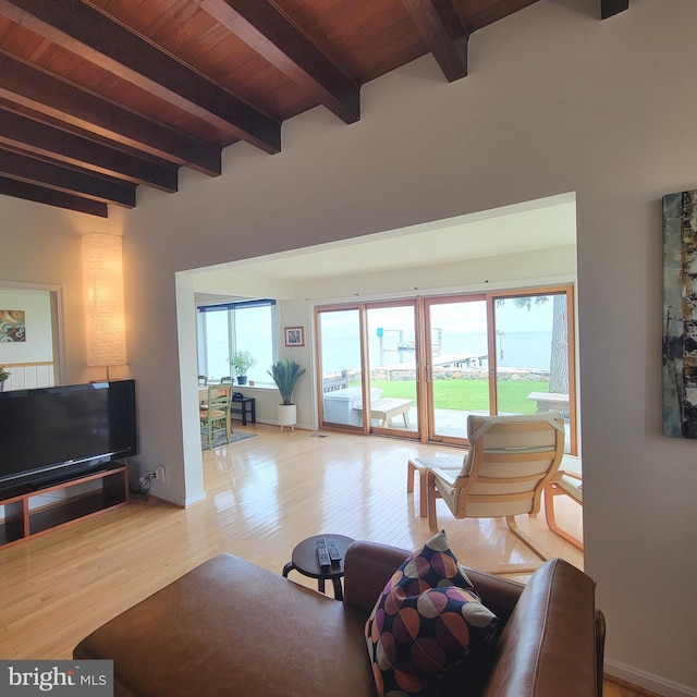 4715 Oak Rd, Shady Side, MD 20764 - living room with wood finished floors and a wood ceiling with exposed beams