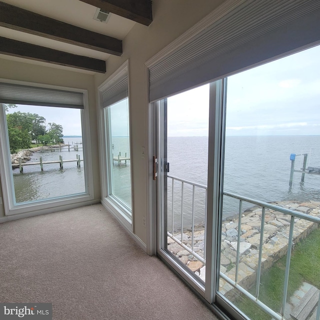 4715 Oak Rd, Shady Side, MD 20764 - unfurnished sunroom with a water view, beam ceiling, and carpet floors