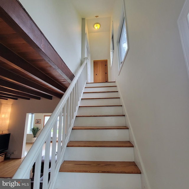 4715 Oak Rd, Shady Side, MD 20764 - staircase featuring beamed ceiling