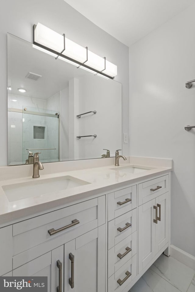 8281 Clifton Farm Ct, Alexandria, VA 22306 - bathroom featuring double vanity, marble look tile flooring, and a stall shower