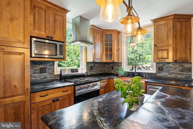 3834 Druck Valley Rd, York, PA 17406 - kitchen featuring appliances with stainless steel finishes, ventilation hood, plenty of natural light, and brown cabinetry