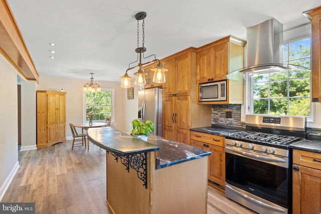 3834 Druck Valley Rd, York, PA 17406 - kitchen with appliances with stainless steel finishes, island exhaust hood, light wood-style flooring, tasteful backsplash, and brown cabinetry