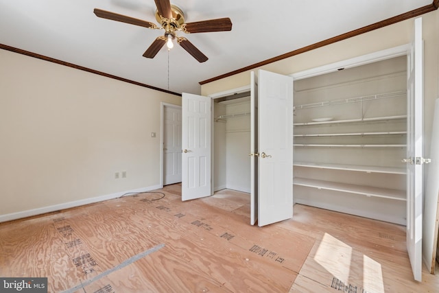 249 Mattson Rd, Garnet Valley, PA 19060 - unfurnished bedroom featuring ornamental molding, wood finished floors, multiple closets, and ceiling fan