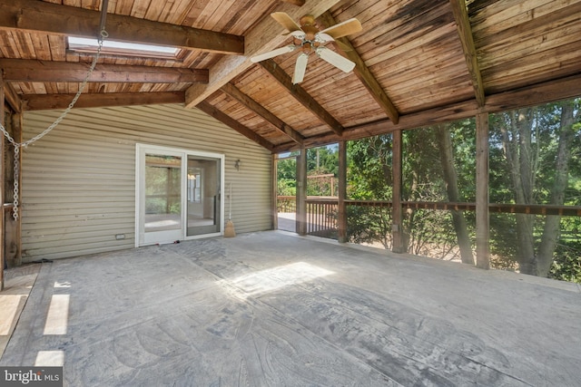 249 Mattson Rd, Garnet Valley, PA 19060 - unfurnished sunroom featuring a ceiling fan, a skylight, lofted ceiling, and plenty of natural light