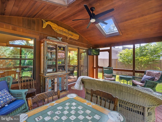 285 Laguna Cir, Severna Park, MD 21146 - sunroom with a skylight, wood ceiling, lofted ceiling, ceiling fan, and wood walls