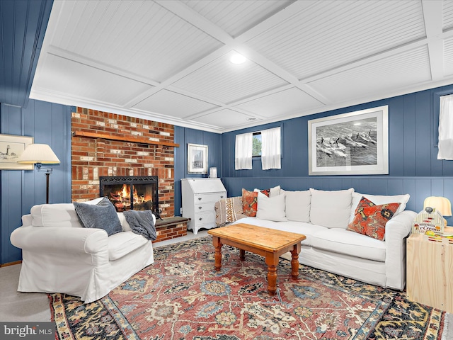 285 Laguna Cir, Severna Park, MD 21146 - living area with a fireplace, beamed ceiling, and coffered ceiling