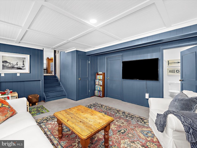 285 Laguna Cir, Severna Park, MD 21146 - living room with stairs, carpet floors, beamed ceiling, and coffered ceiling